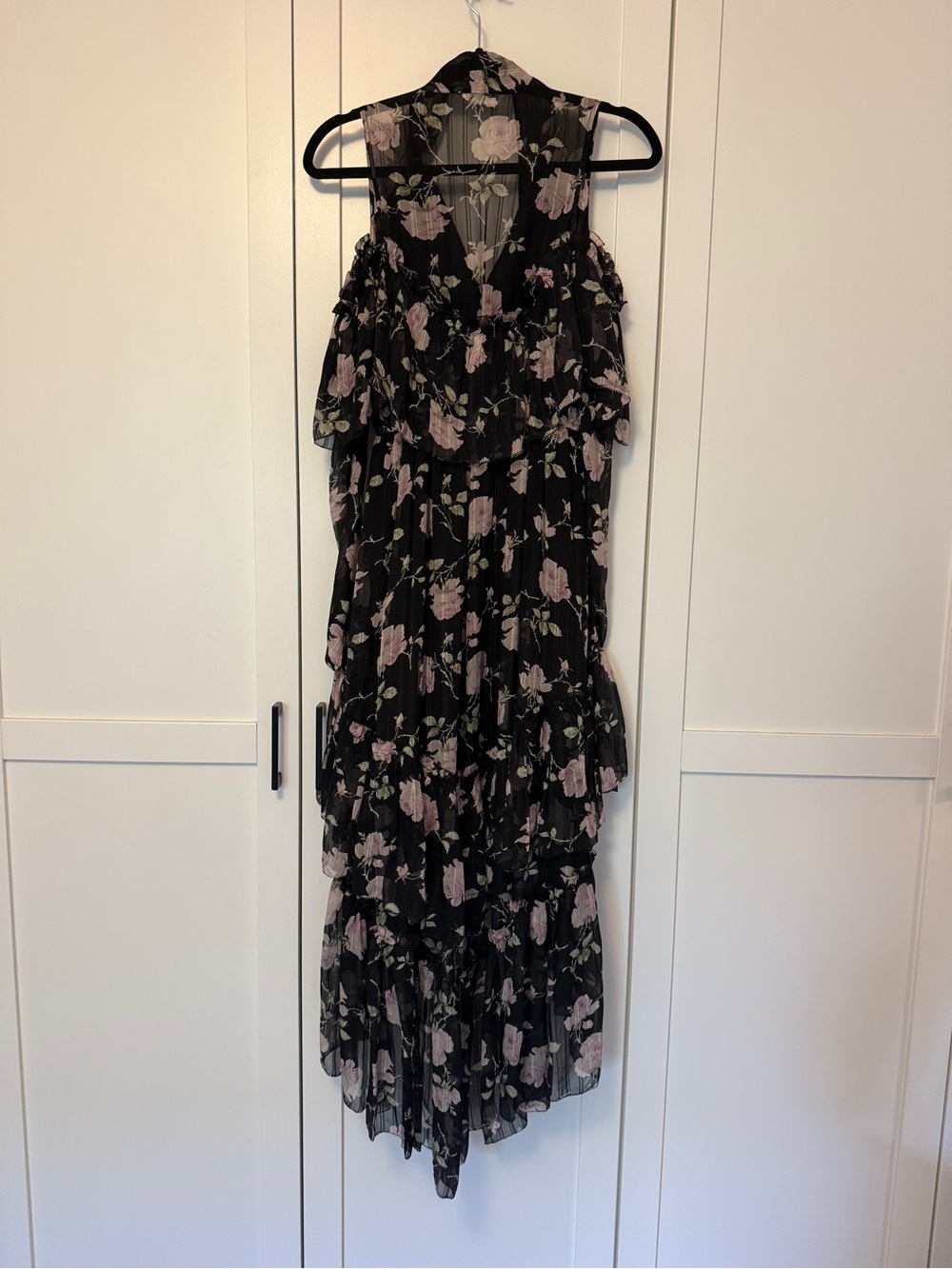 Ulla Johnson Marion Dress Silk Chiffon Cold Shoulder Black w Blush Floral Size 0 - Picture 5 of 14